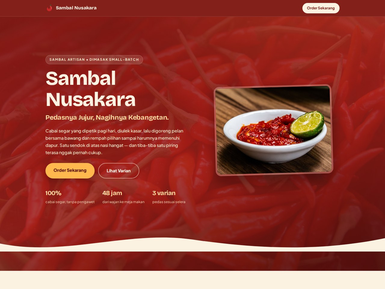 Screenshot demo landing page produk Sambal Nusakara